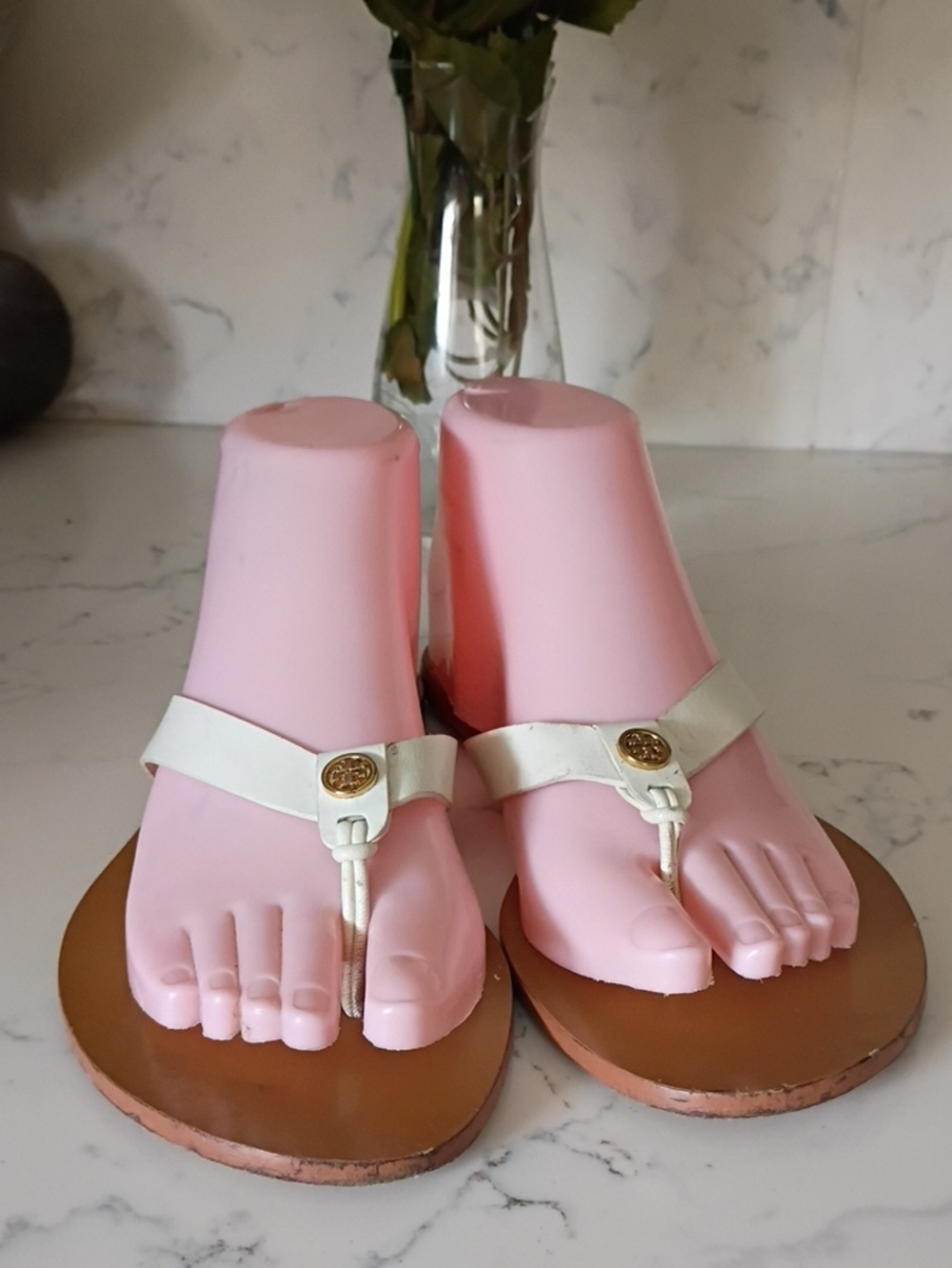 Tory Burch White Leather Thong Sandals with Gold Accent - Women